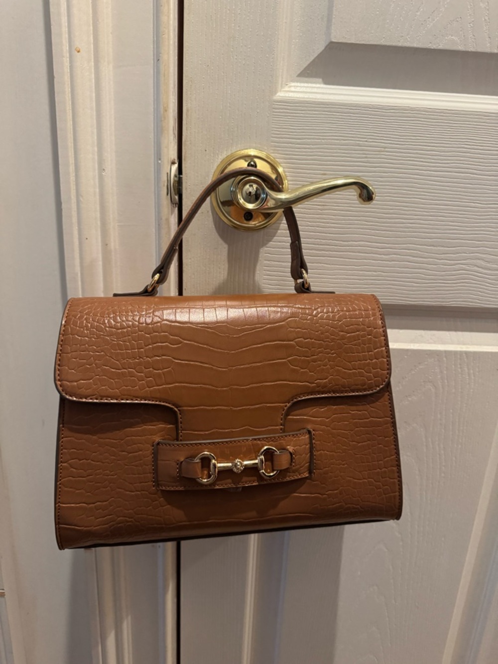 Anne Klein Croc-Embossed Top Handle Satchel in Brown